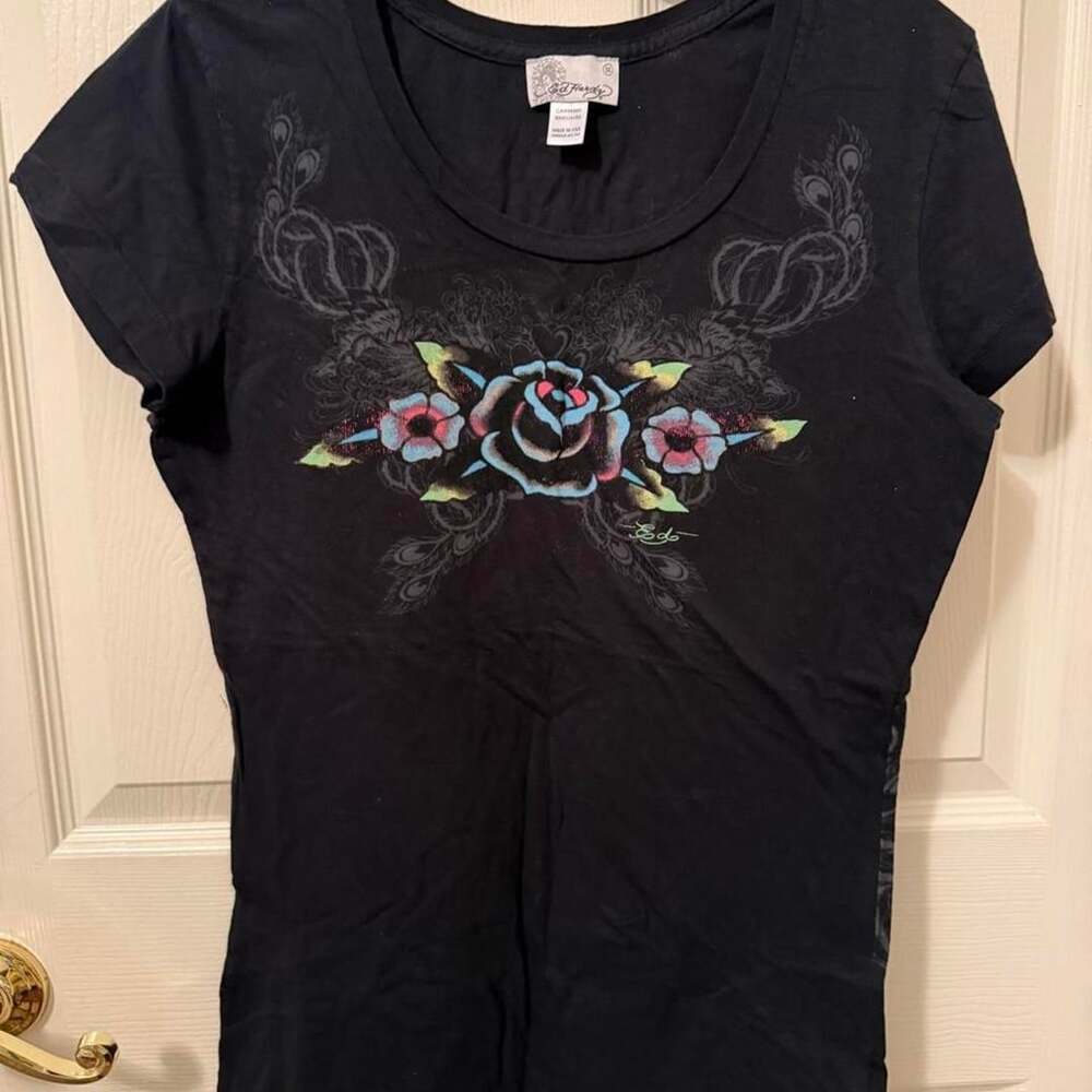 Ed Hardy Rose Graphic T-Shirt Size M Black Tattoo Art Y2K